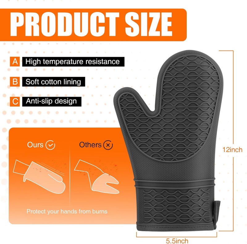 HSEEC Silicone Oven Mitts, Heat Resistant 2PCS Oven Mitts with Soft Cotton Lining, Waterproof Non-Slip Grip Oven Glove, Kitchen Potholder Mits for BBQ, Baking, Cooking, 12.5 Inch - Black - Image 2